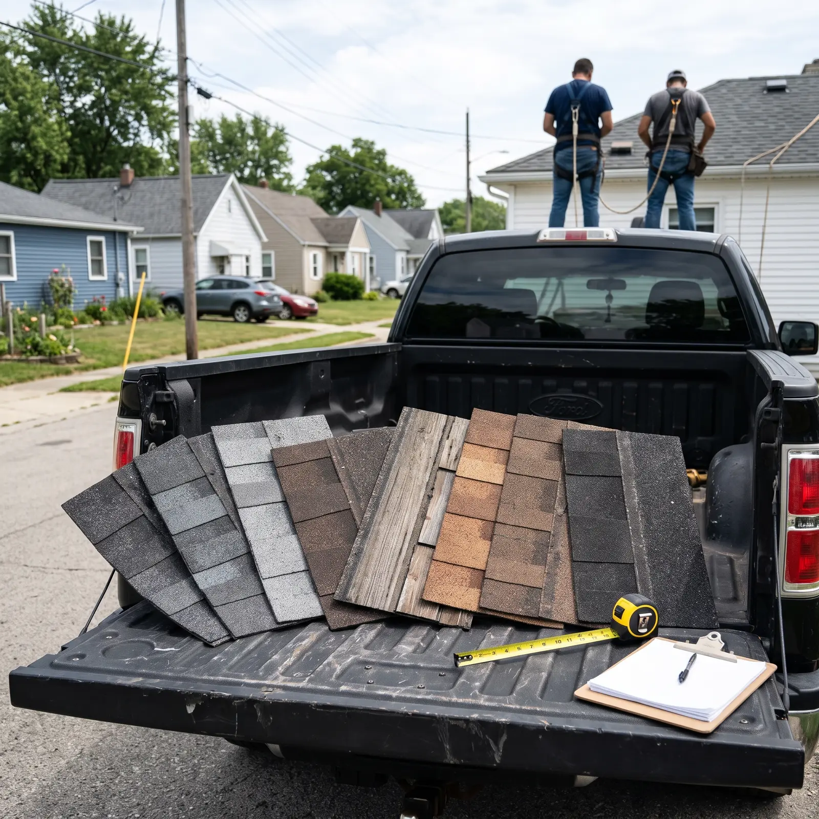 Shingle color samples and a roofing tape measure on a clipboard