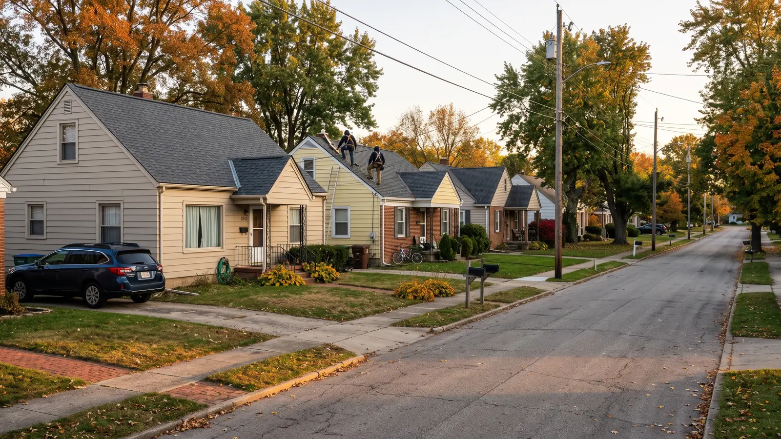 Fort Wayne neighborhood street with new roofs under a clear sky