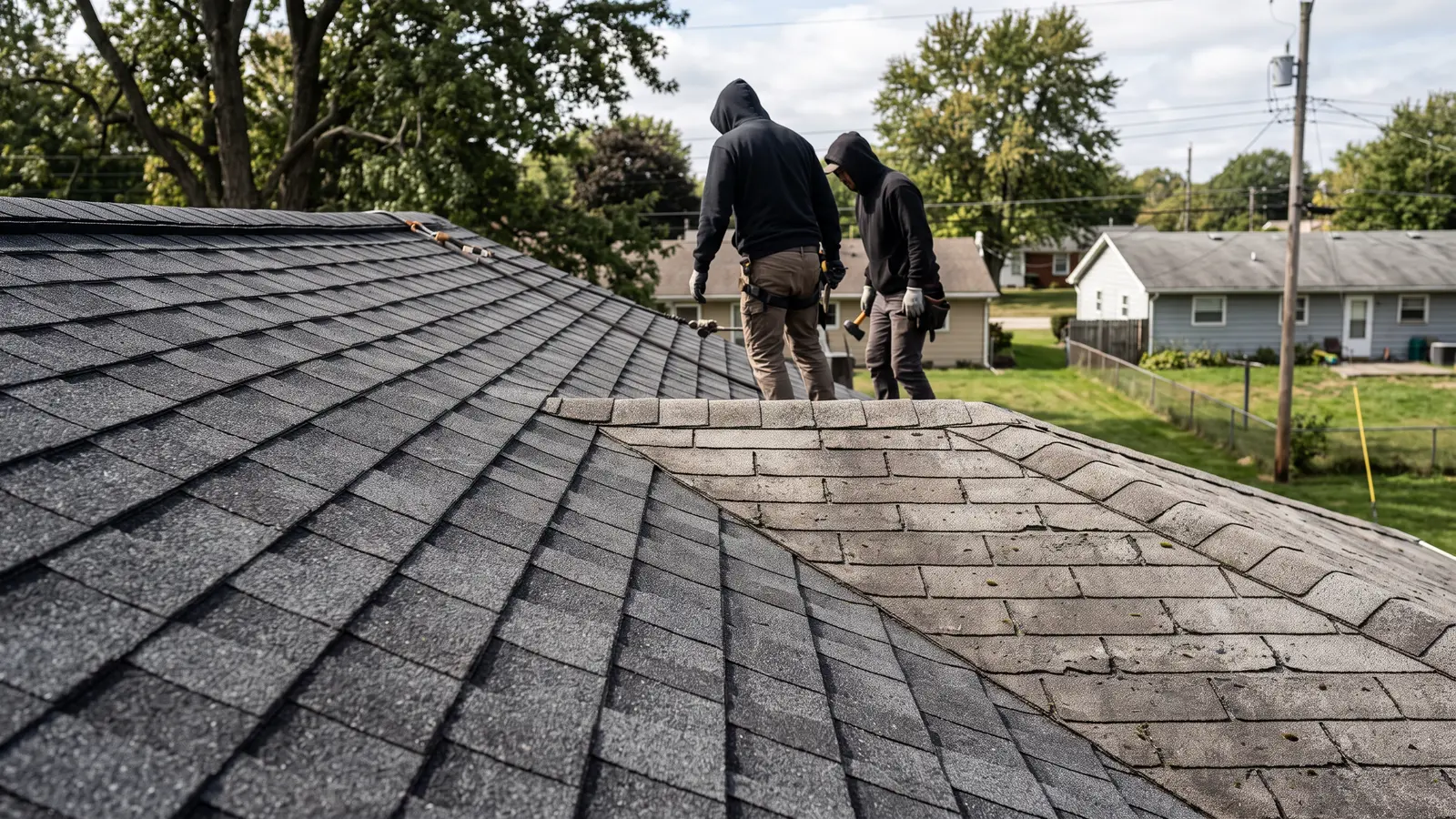 Close-up of dimensional architectural shingles beside flat 3-tab shingles