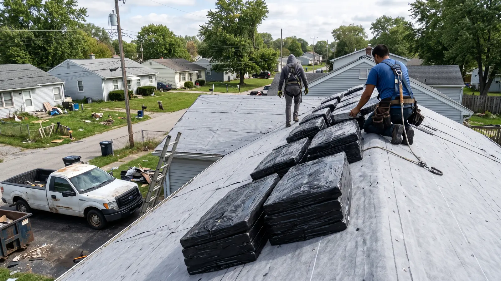 Bundles of architectural shingles from different manufacturers stacked on a roof deck