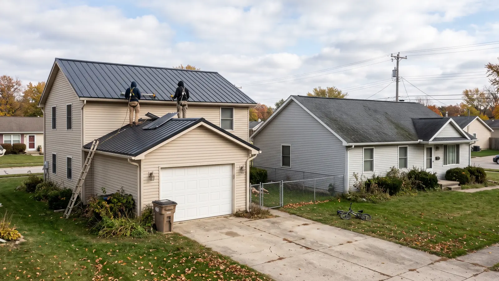 Standing seam metal roof next to an architectural asphalt shingle roof on neighboring homes