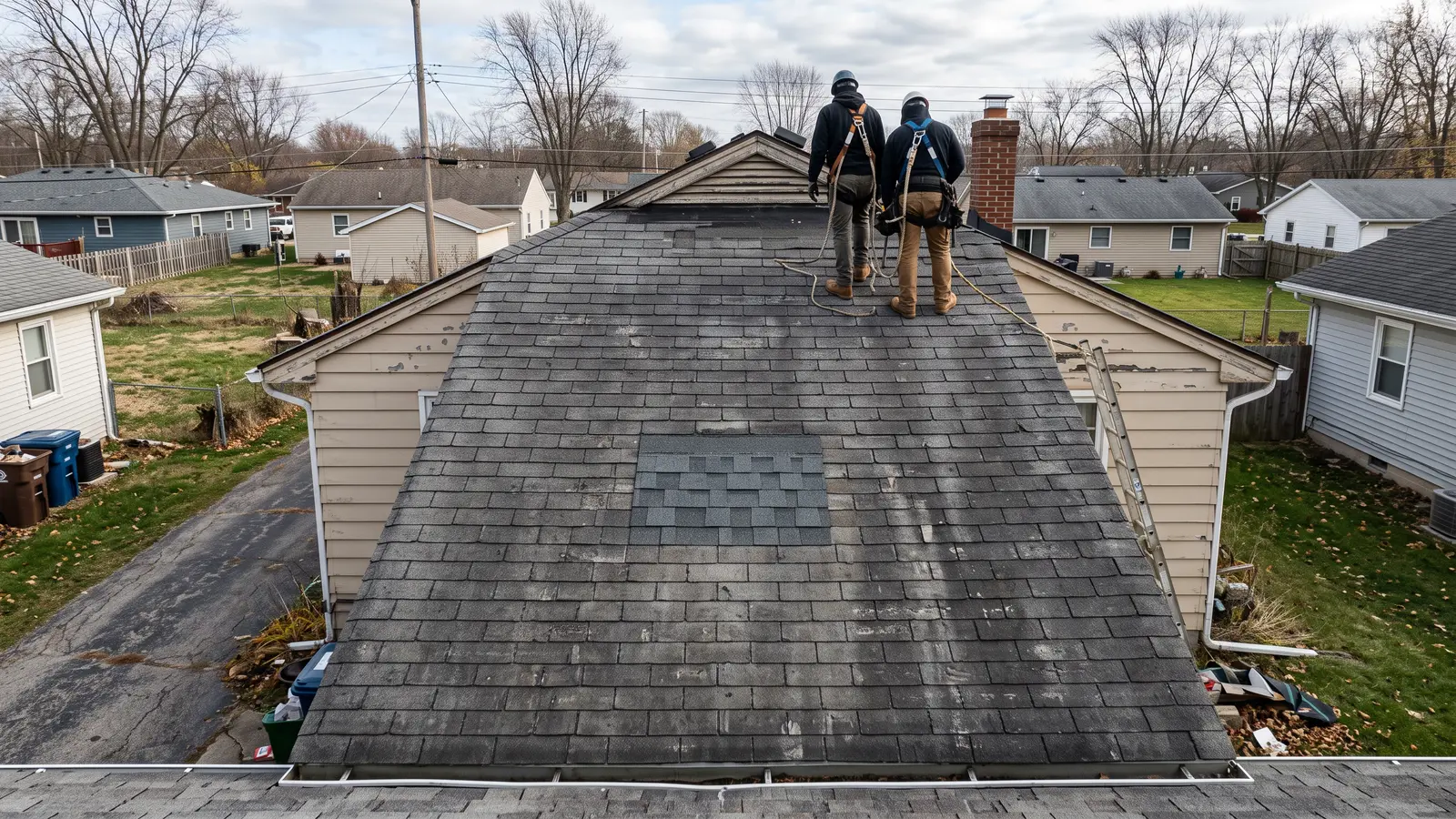 Roofer replacing a few damaged shingles on an otherwise worn asphalt roof