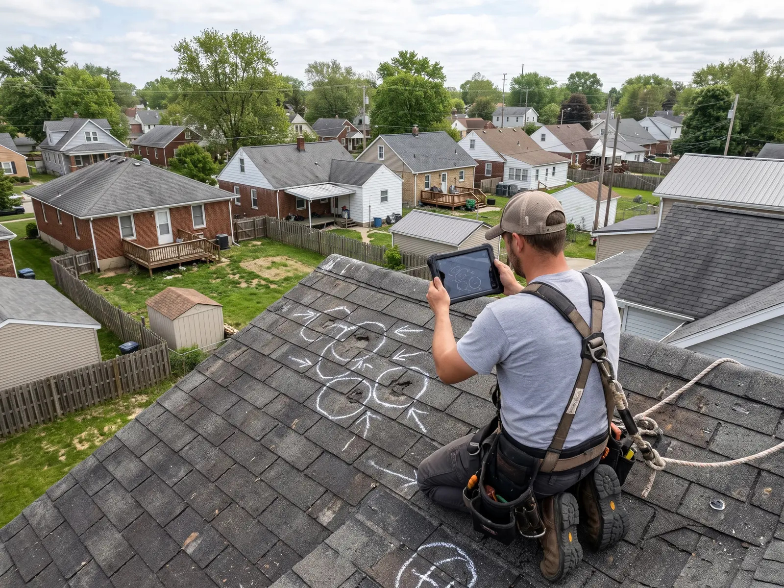 Roofer inspecting shingles with a tablet on a Fort Wayne home's roof