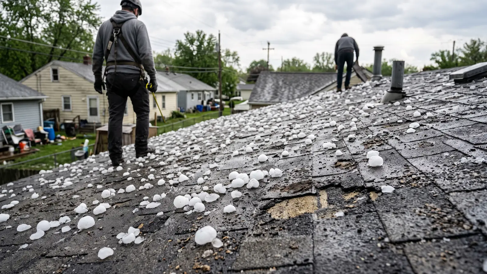 Close-up of hail impact marks on asphalt shingles after a storm in Fort Wayne