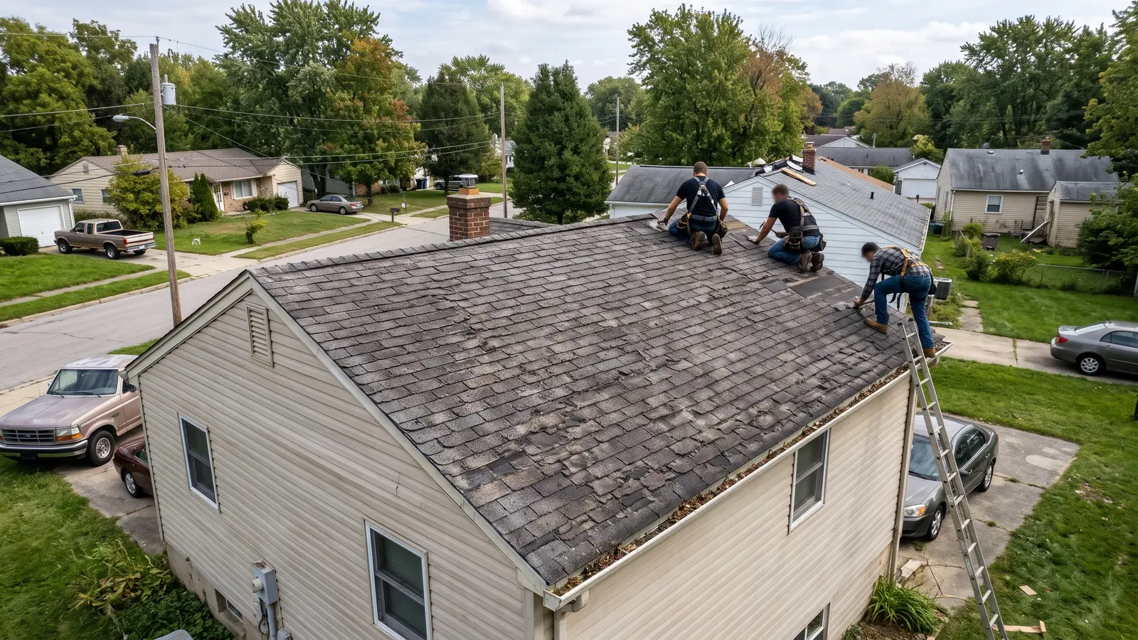 Aging architectural shingle roof on a Fort Wayne home showing worn granules