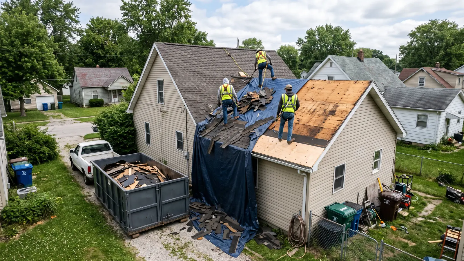 Roofer measuring a shingle roof on a Fort Wayne home to prepare a replacement quote