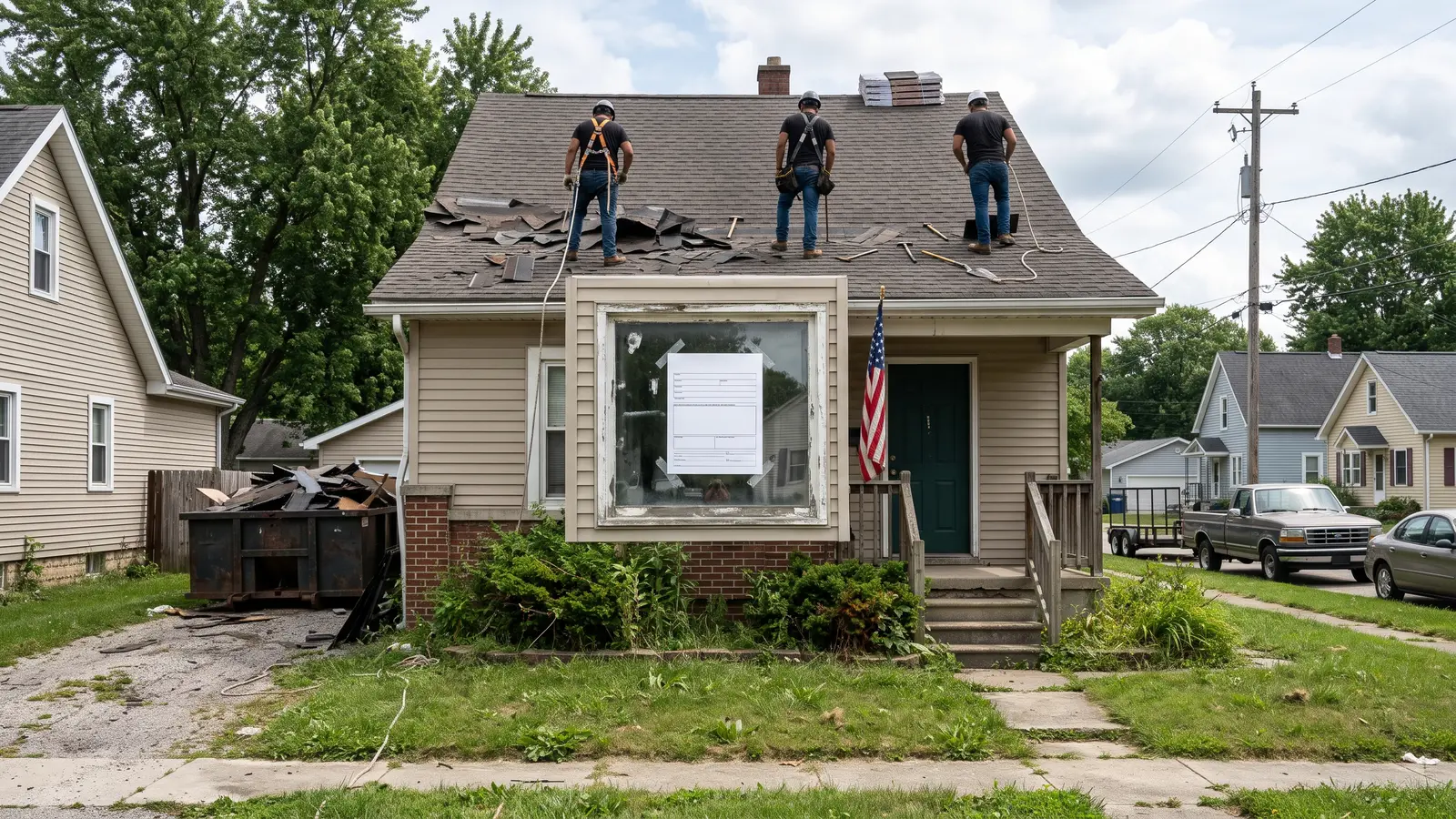 New roof under construction on a Fort Wayne home with a permit card posted in the window
