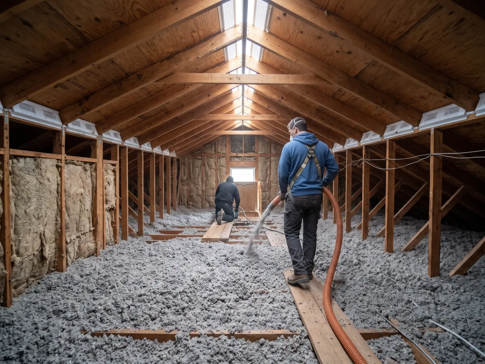 Attic with new soffit baffles, blown-in insulation and a ridge vent above in a Fort Wayne home