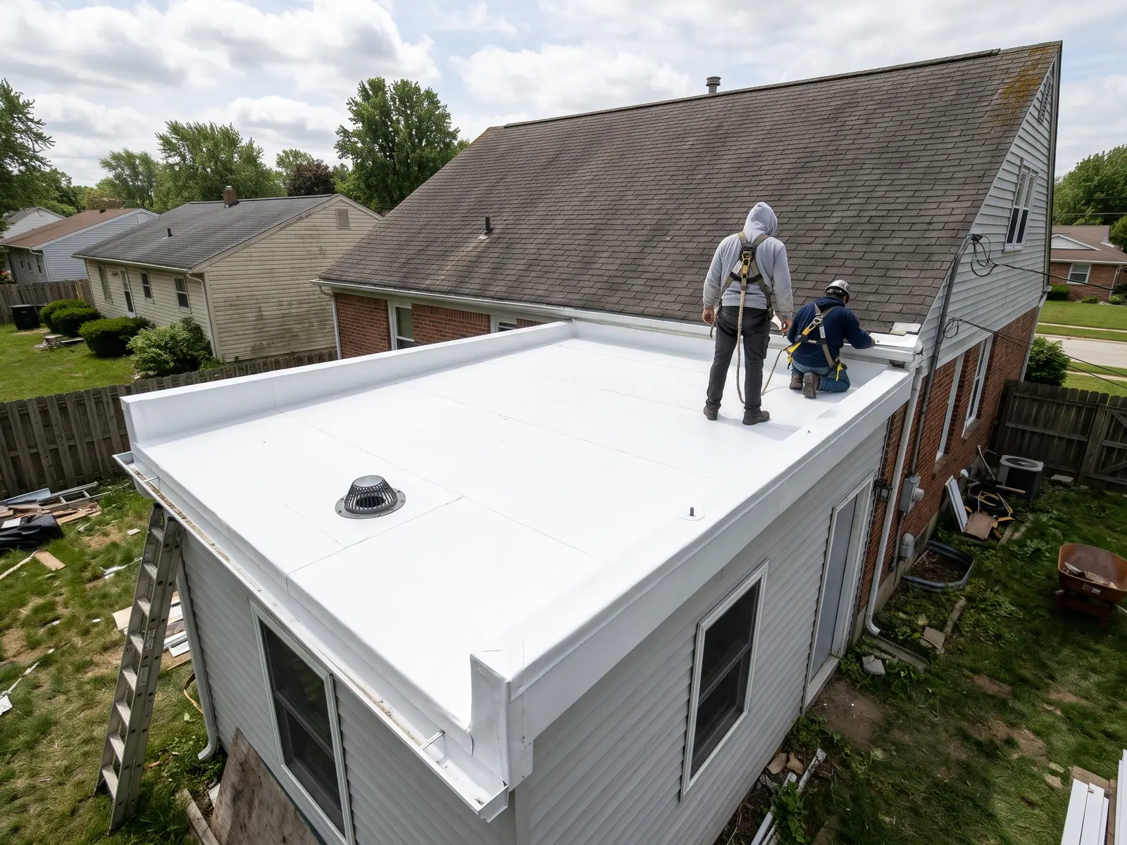 New white TPO membrane on a low-slope porch roof attached to a Fort Wayne home