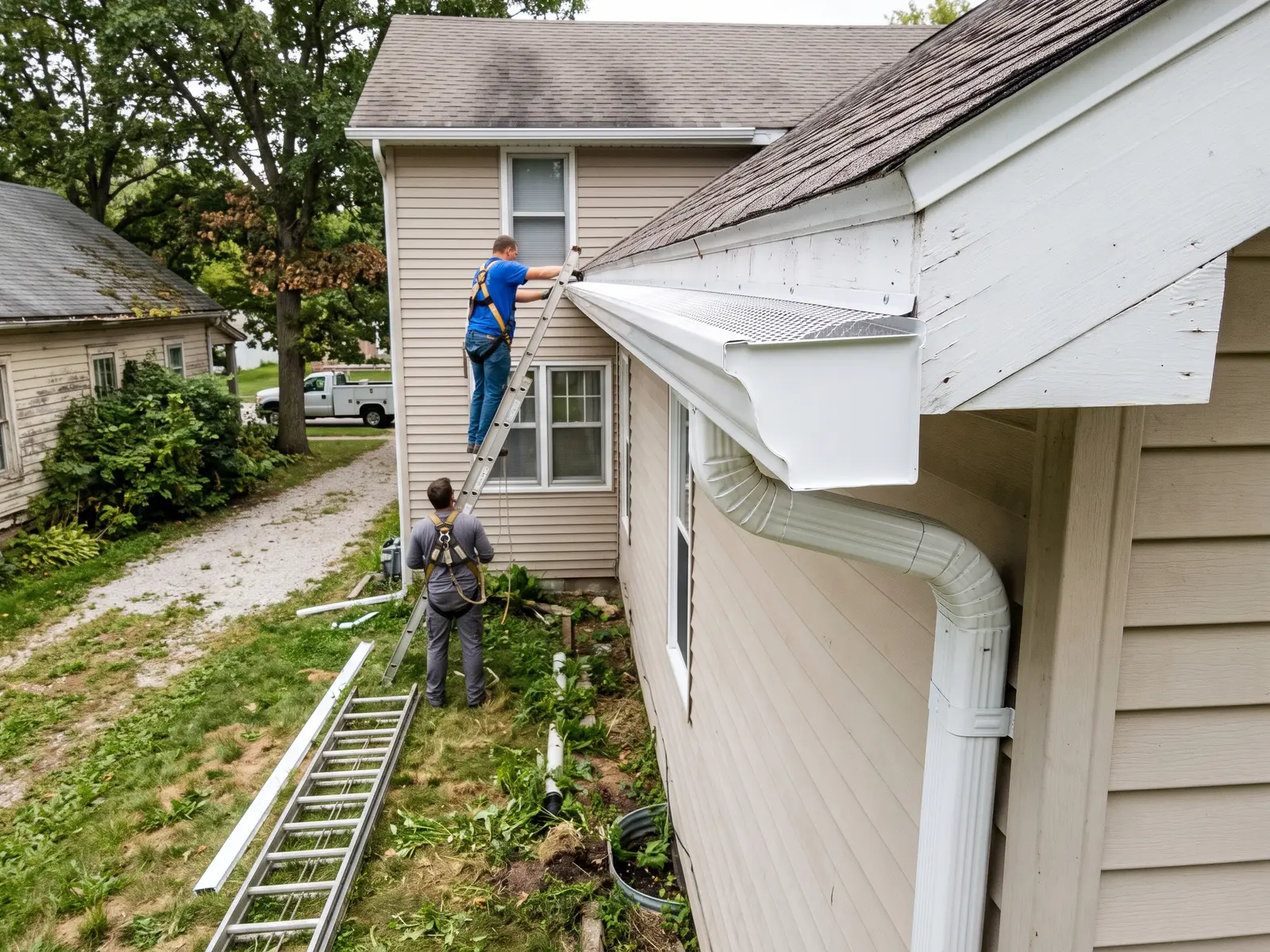 New seamless aluminum gutter and downspout on a Fort Wayne home
