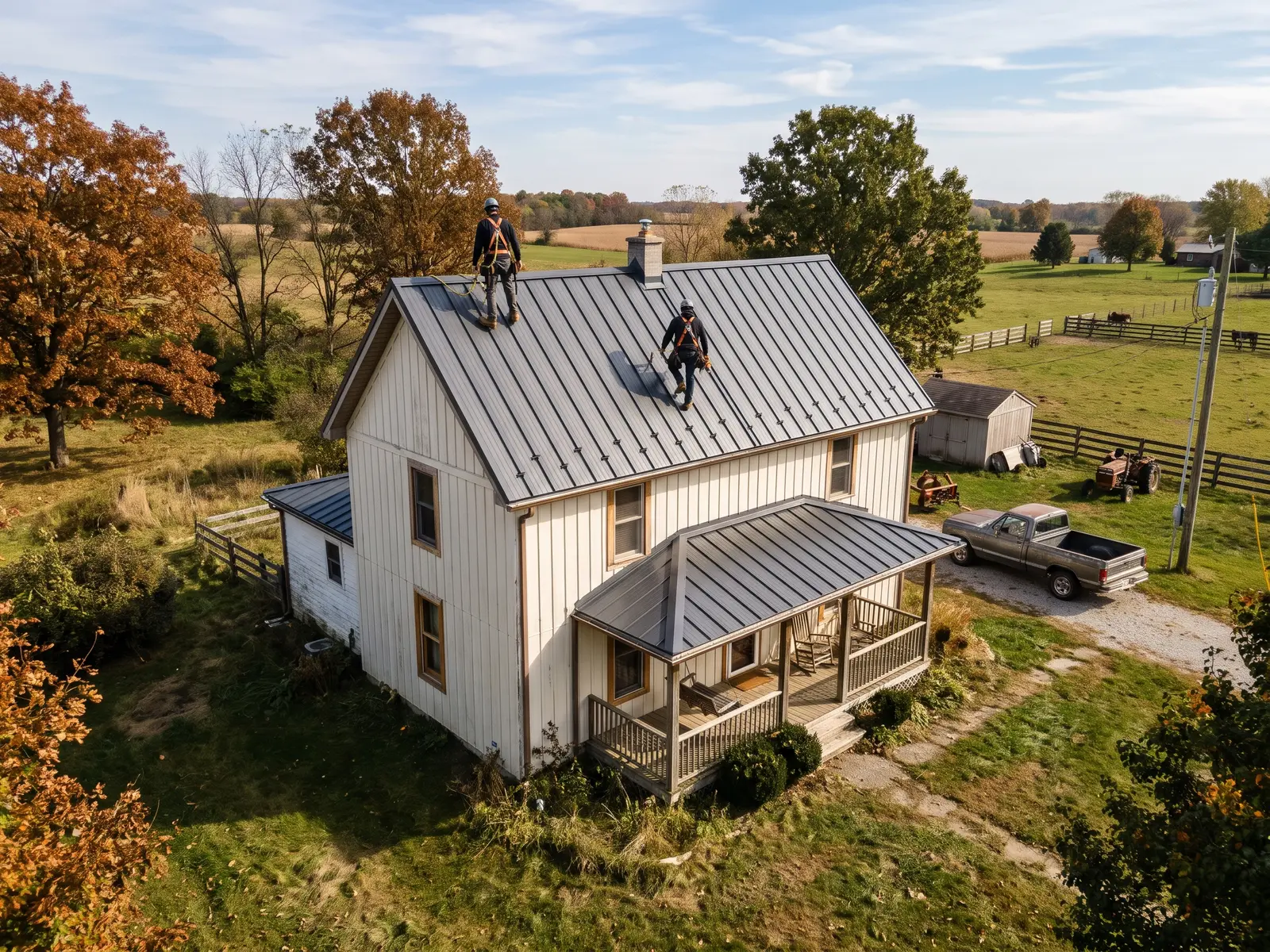 Dark standing seam metal roof on a home in Fort Wayne, Indiana
