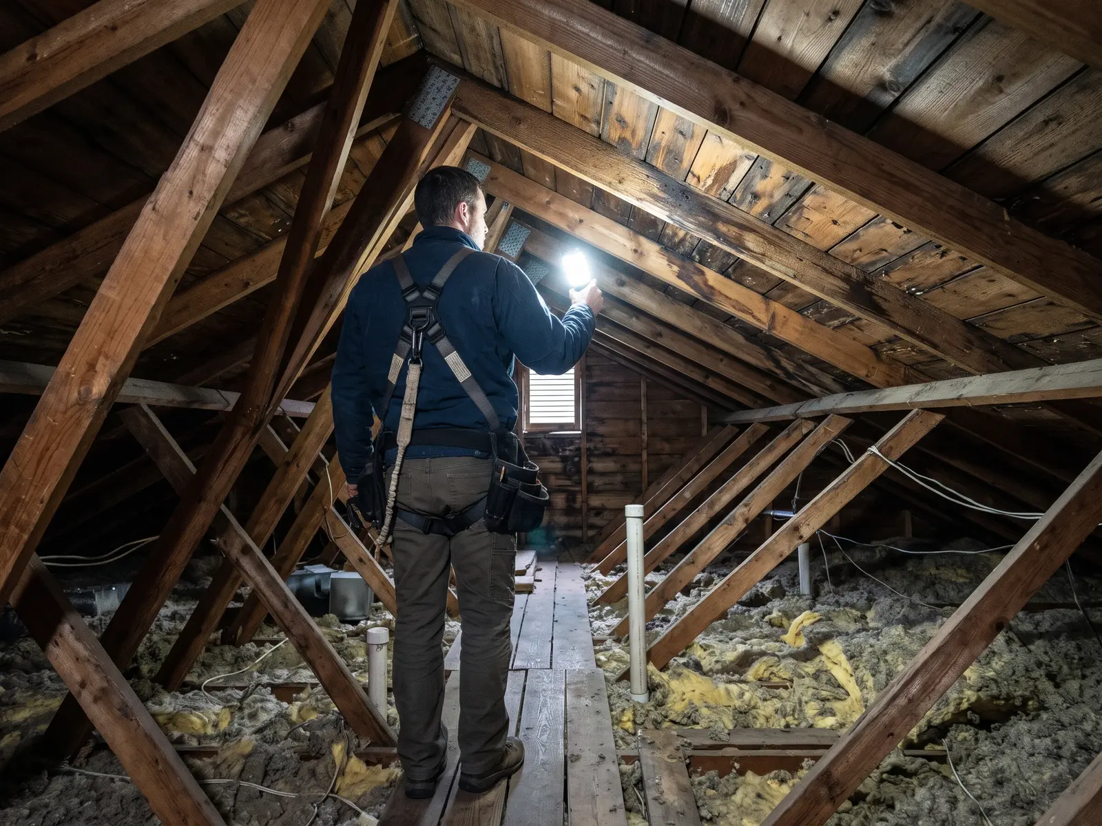 Roofer checking shingles and flashing on a Fort Wayne home during a roof inspection