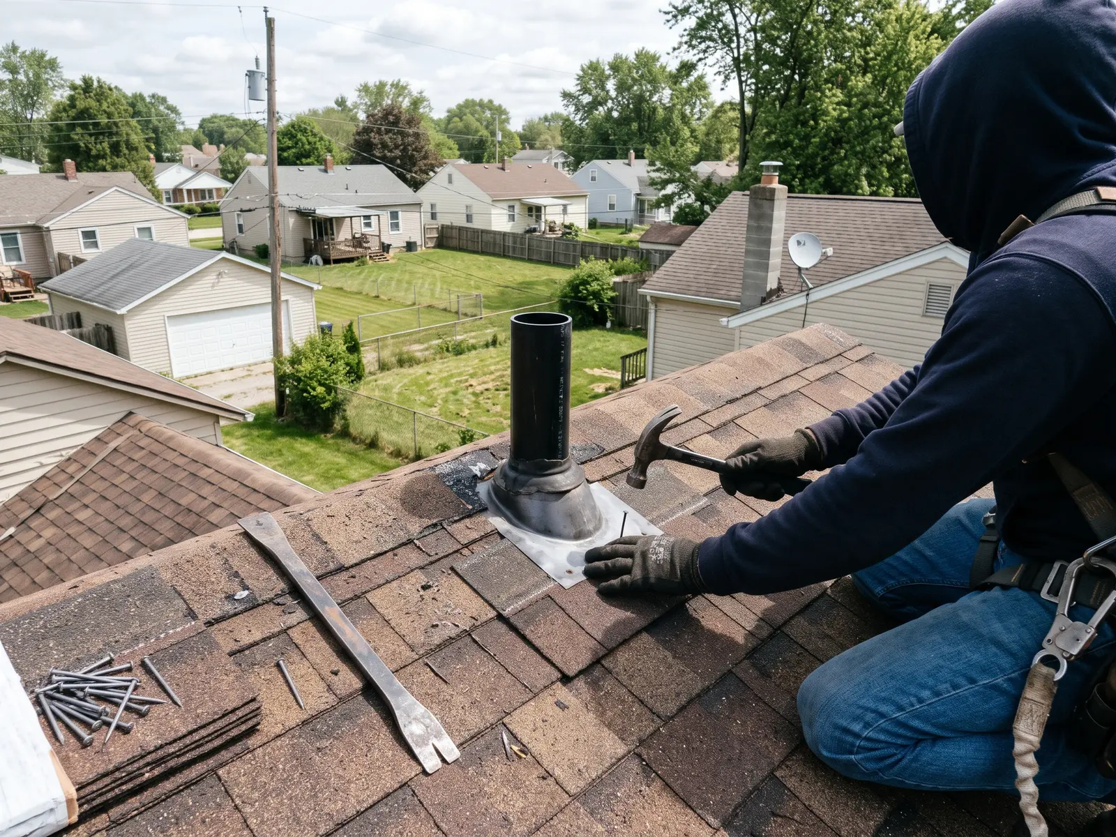 Roofer replacing damaged shingles and a pipe boot on a Fort Wayne roof
