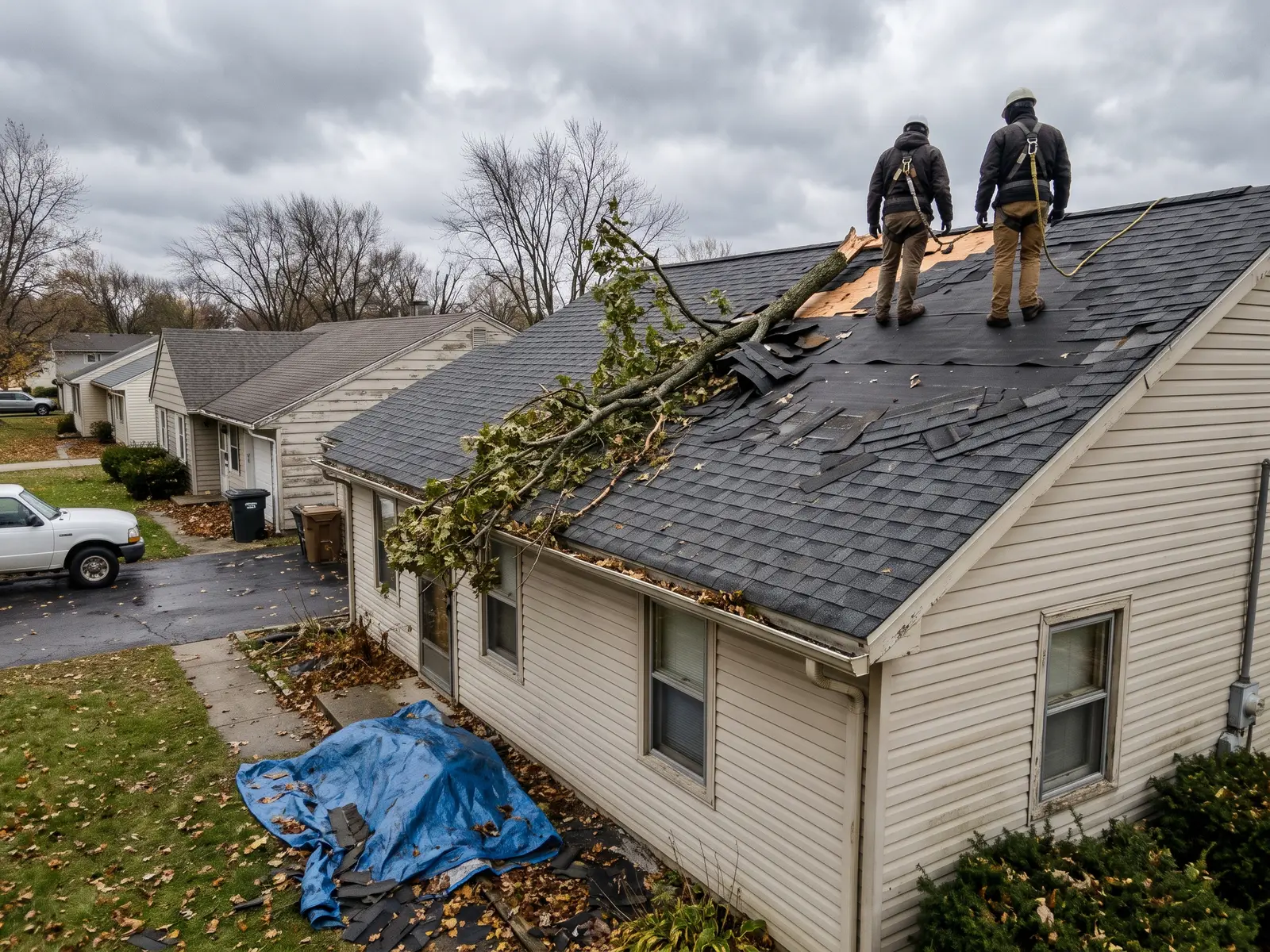 Hail-damaged asphalt shingles with bruised spots and missing granules on a Fort Wayne roof