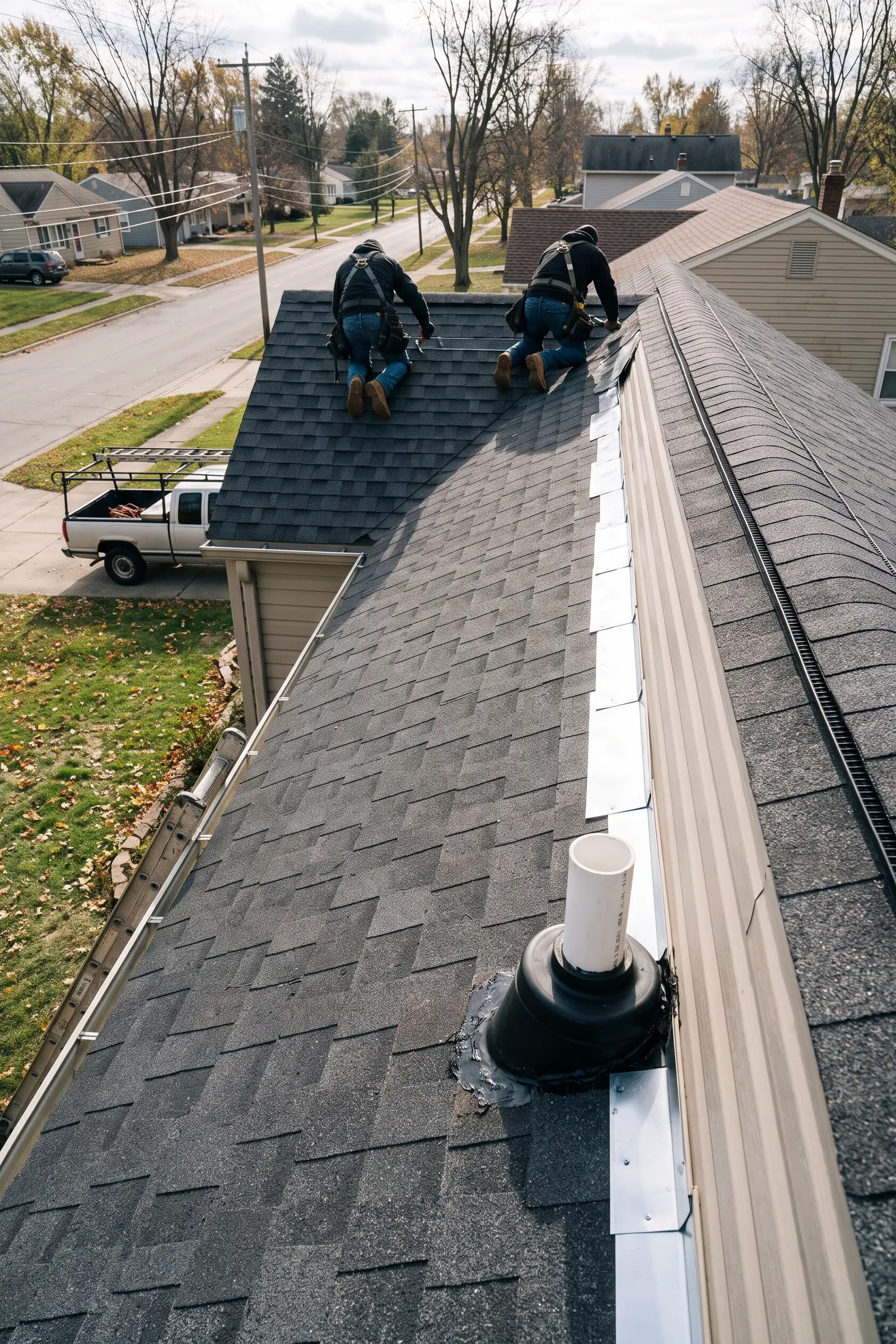 Freshly installed dark architectural shingle roof with new ridge vent