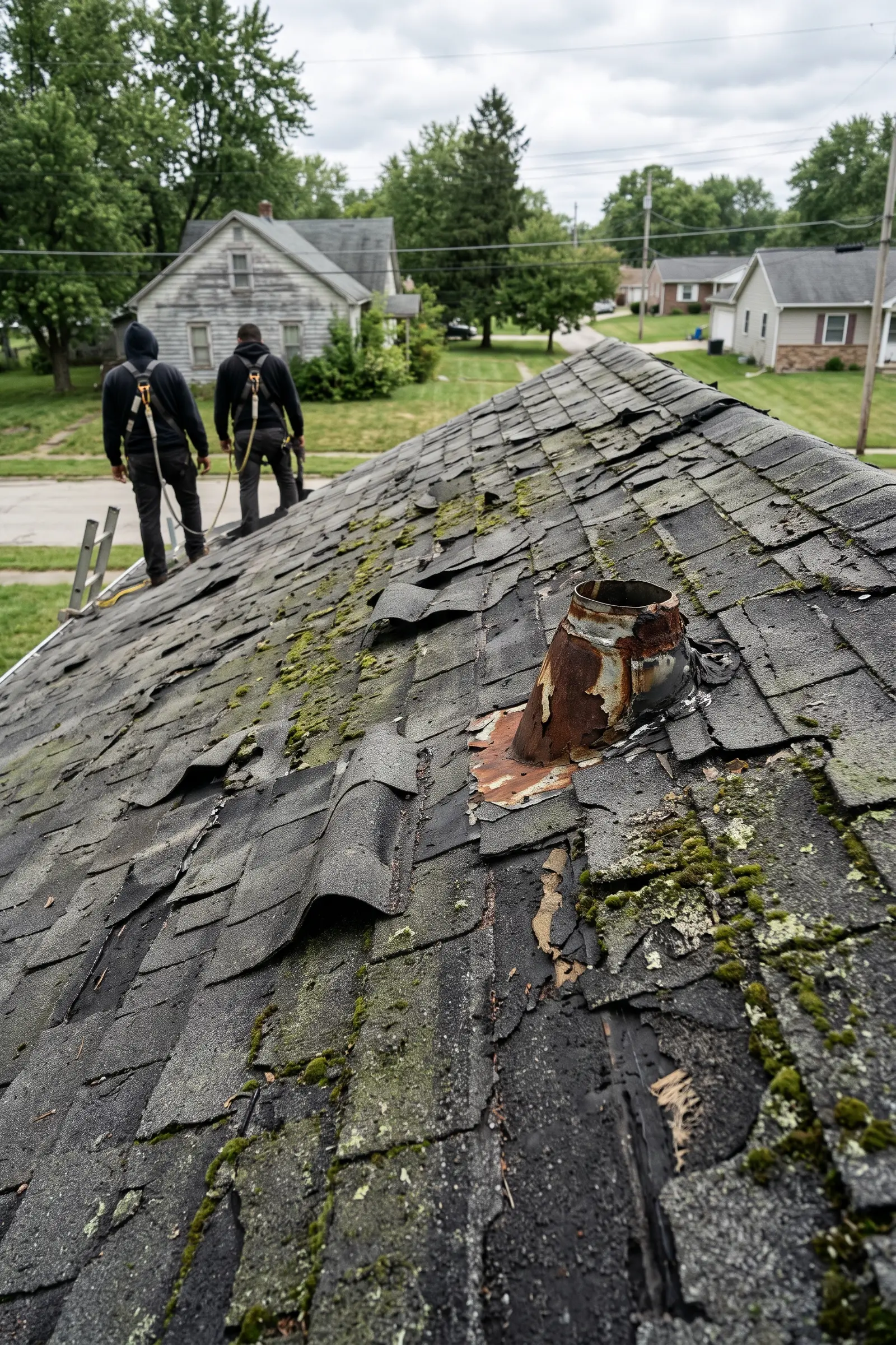 Worn asphalt shingle roof with curling, missing and moss-covered shingles